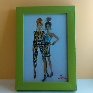 Fashion Girl, 4x6 Art print within a new green wood Frame